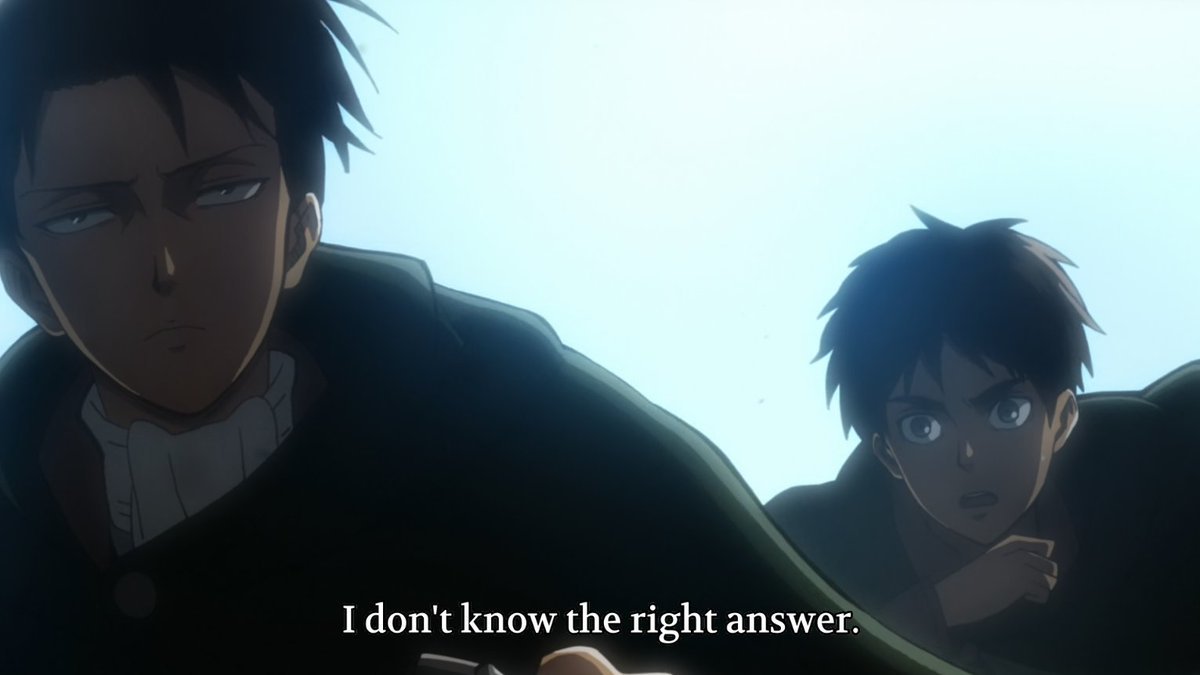 Levi's mantra of living with no regrets + saying he doesn't "know the right answer" isn't about having no opinions on the best choice of action/judgements on actions' morality
It is merely an acknowledgement that you can't know the outcome &amp; must make choices you can live with 🧵