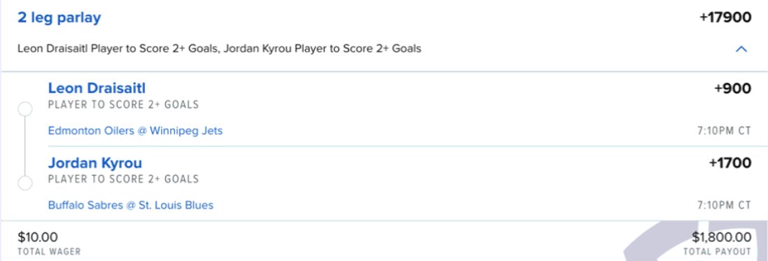 EdgePlayBook's tweet photo. #BetInPublic #100DayOfParlayChallenge #Day62 part 3. Tally after 61 days of betting +$94.65 #NHL #TwoGoals #GamblingX https://t.co/NE6hMoF3Jf