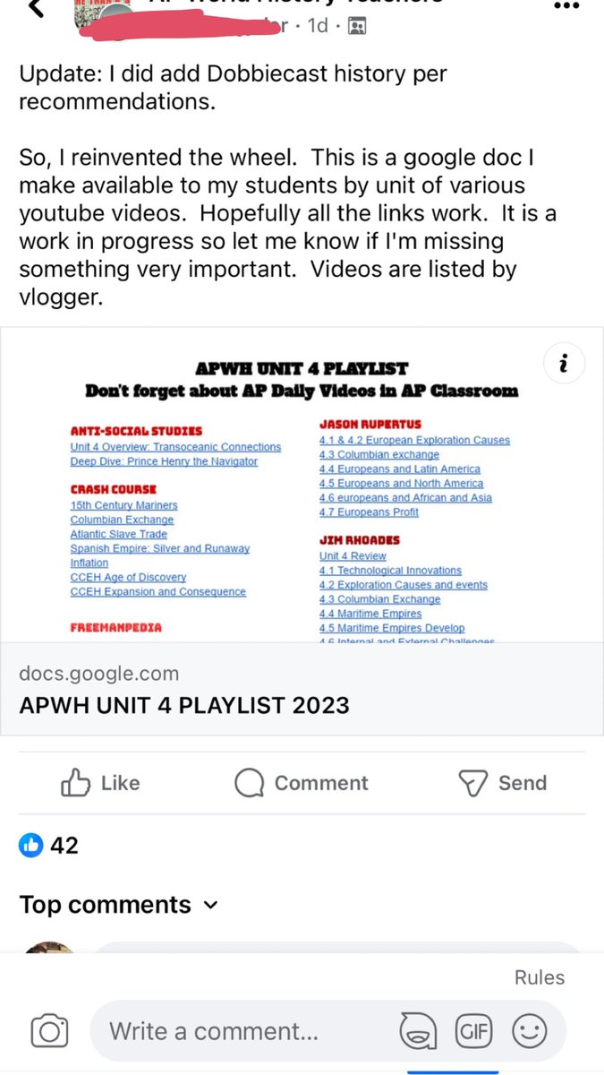 SergeantBurack's tweet photo. @wadobbie Hello there! I wanted to reach out and show you a thread posted in the AP teachers Facebook page. Your videos were arguably the most helpful for me as a new AP teacher two years ago and you deserve the credit. Sounds like many agree. Take care, thank you from my class! https://t.co/iFbbxyflA3