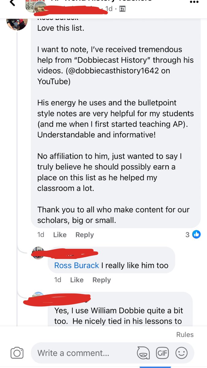 SergeantBurack's tweet photo. @wadobbie Hello there! I wanted to reach out and show you a thread posted in the AP teachers Facebook page. Your videos were arguably the most helpful for me as a new AP teacher two years ago and you deserve the credit. Sounds like many agree. Take care, thank you from my class! https://t.co/iFbbxyflA3