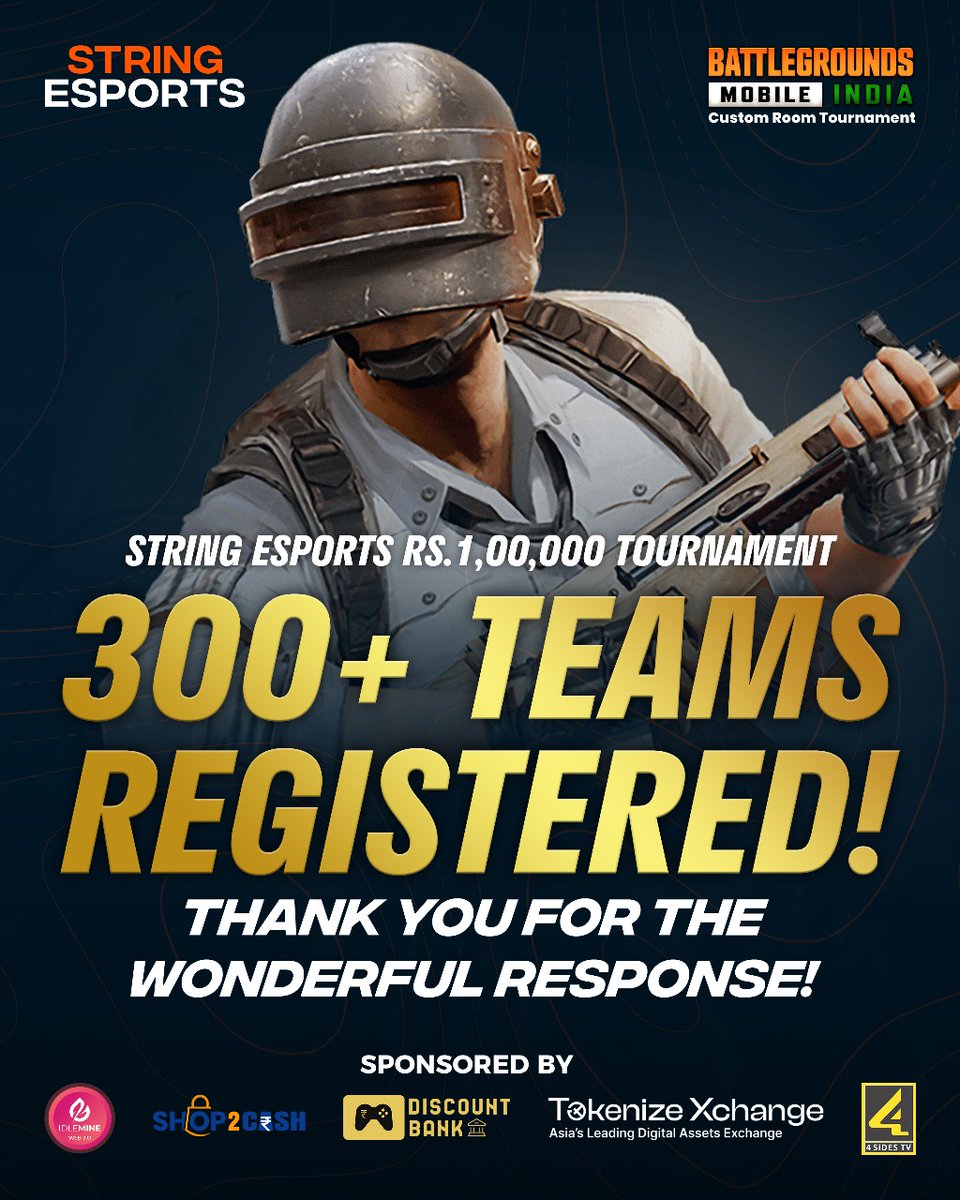 String_E_Sports's tweet image. String eSports 
BGMI Tournament-1.
1,00,000.INR prize pool.
300+ Teams Registered.
Thank you everyone for huge support.
#stringmetaverse
#stringesports
#PUBGMOBILE 
#bgmi