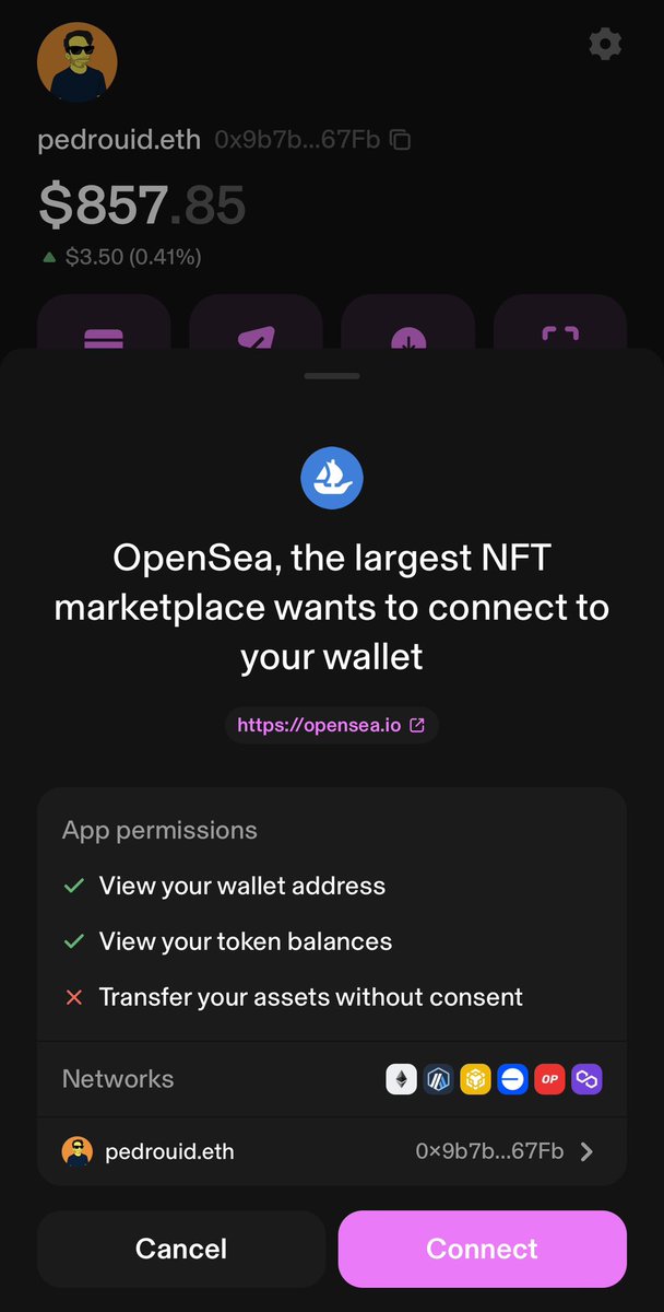pedrouid's tweet photo. @0xDesigner @Uniswap Wallet also has it BUT I find theirs much better experience because it:
- supports WalletConnect
- connects multiple chains
- displays selected account
- allows changing account 
- uses screen space more efficiently https://t.co/wZ8MmqR6Gu