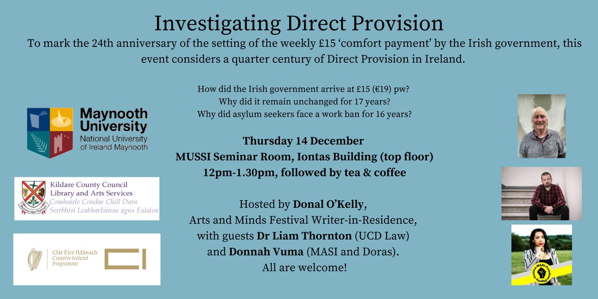 In partnership with @ArtsInCoKildare & @creativeirl, we're thrilled to host playwright @DonalOKelly @MaynoothUni as Arts & Minds Festival Writer-in-Residence for the coming months. Donal's residency begins with this event, with guests @donnahsvuma & @LTlaw_ 🌟⬇️Free public event!