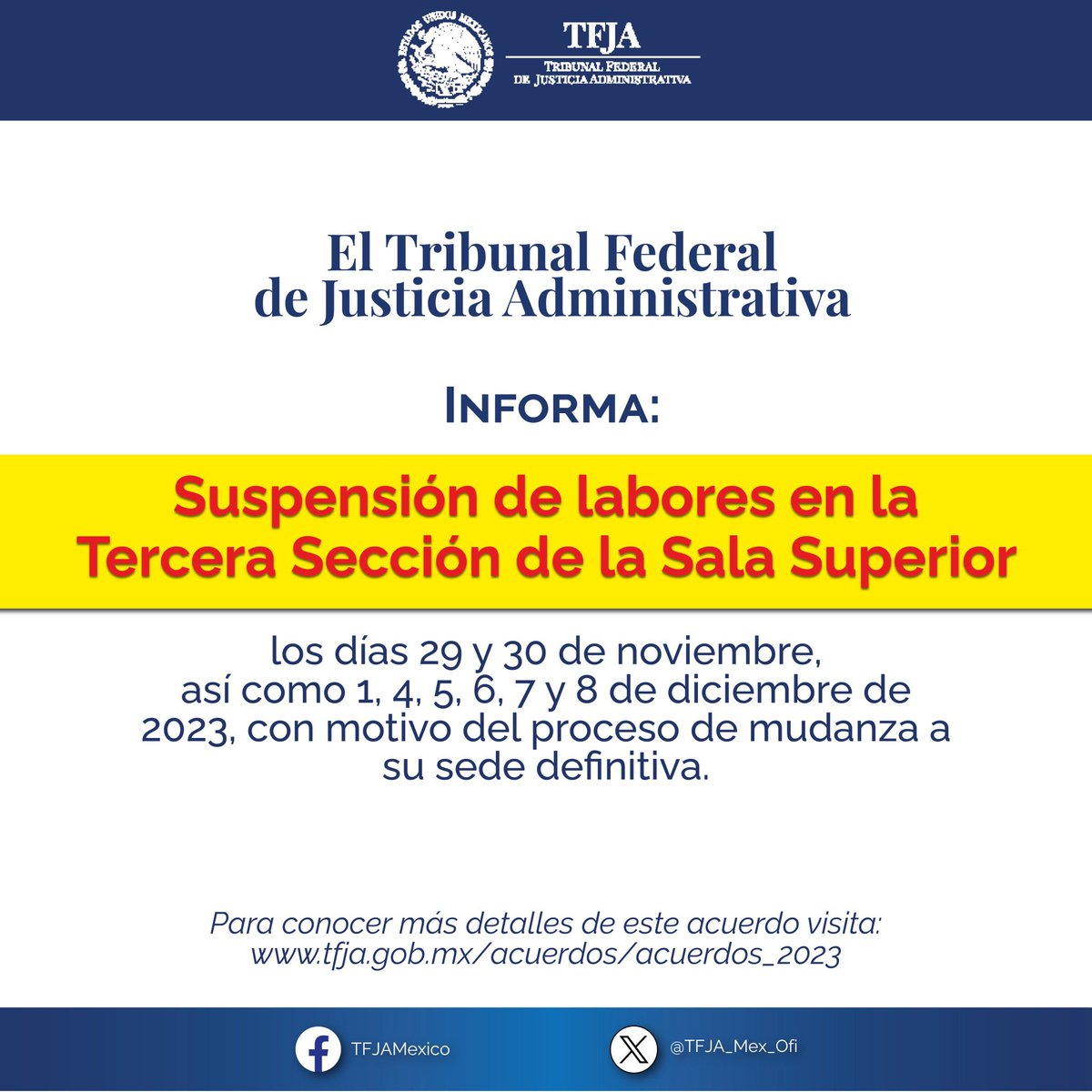 En atención de todos los #justiciables, les pido que me ayuden con un #Repost #Rt para darle máxima publicidad.
Se informa el cambio de sede. 
⚠️ El #TFJA informa:
Por motivo de la mudanza de la Tercera Sección de la Sala Superior de este Tribunal a su sede definitiva.