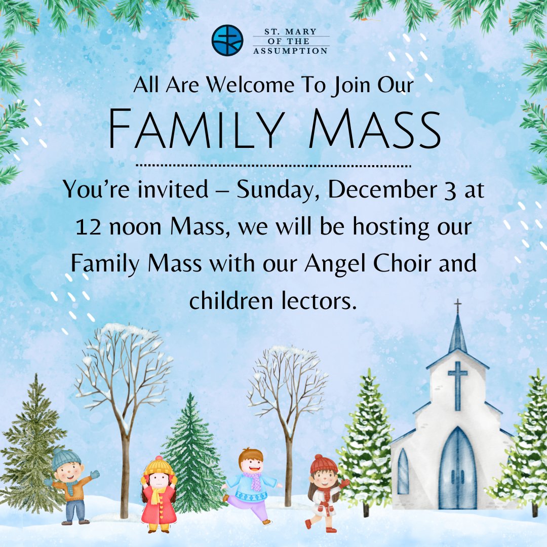 smalancaster's tweet photo. Sunday, December 3 at 12 Noon Mass we will be having our monthly Family Mass. Join us to hear the beautiful singing voices of our children's Angel Choir and hear the readings proclaimed by our young disciples! https://t.co/OSHjwB0jN7