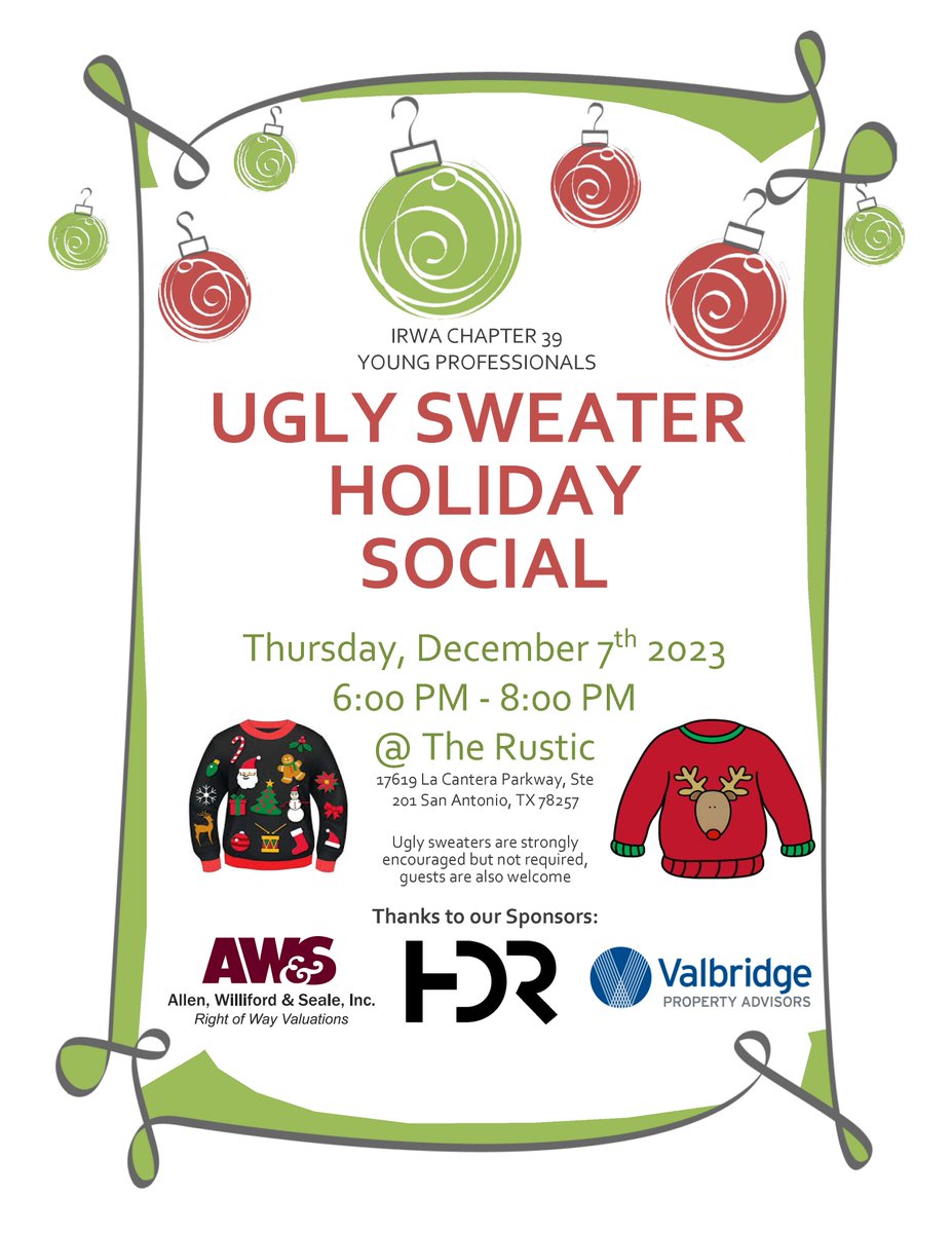 irwa_chapter39's tweet photo. Our Holiday Social is next Thursday! We hope to see you all there!
Thank you to our event sponsors:
Allen, Williford, and Seale, Inc.
HDR
Valbridge Property Advisors

#IRWA #Chapter39 https://t.co/nHJRwRaecK