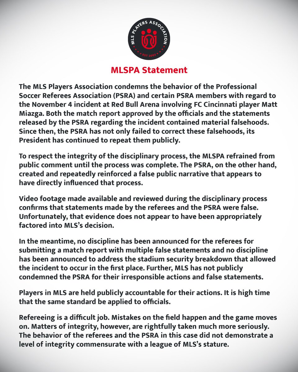 Statement on the suspension of Matt Miazga.