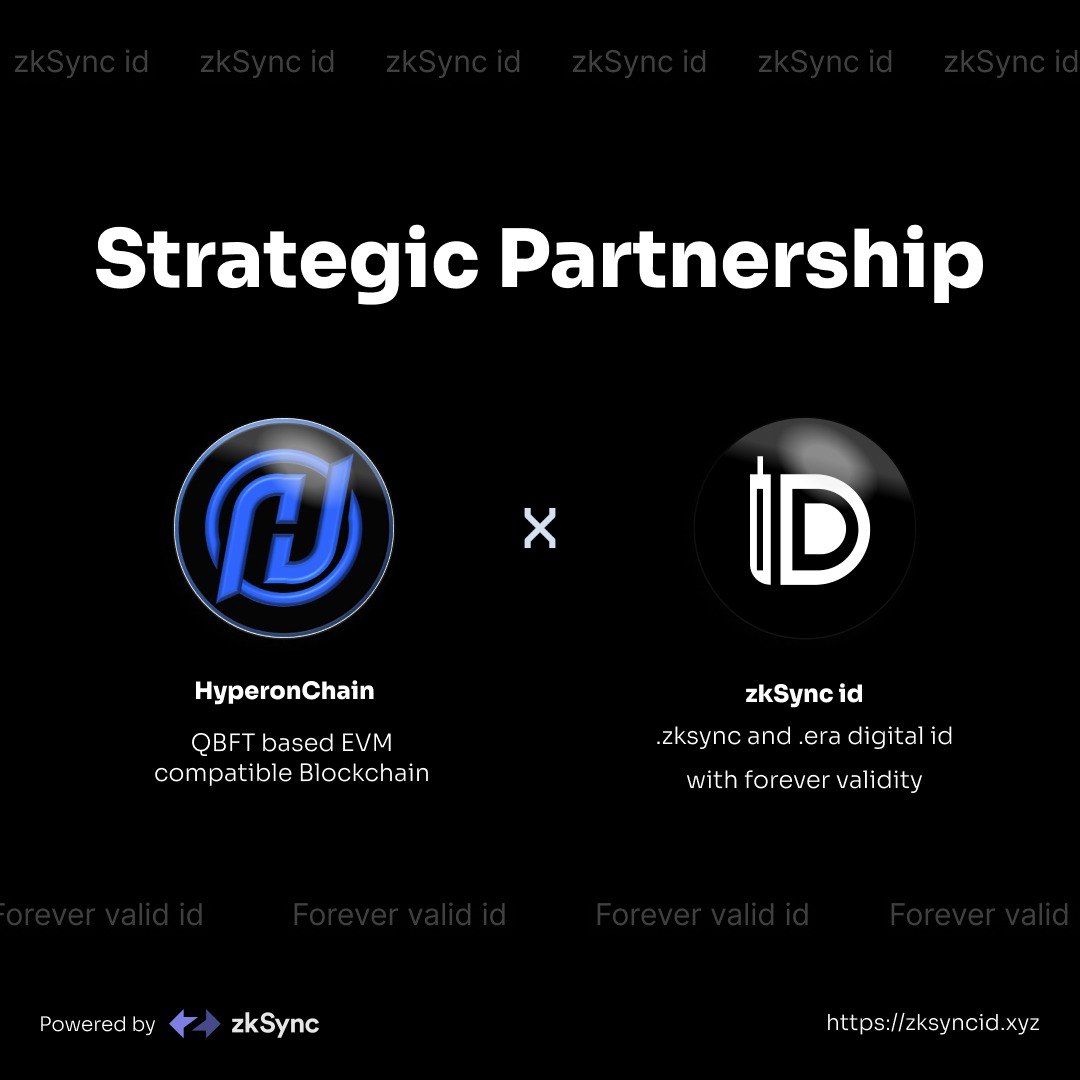 📣 HyperonChain X zkSync id We are happy to collaborate with @getzksyncid Together we will work on cross community events and community growth zkSync id is the first ever decentralized id on the zksync era network with forever validity. #HyperonChain #zkSyncid