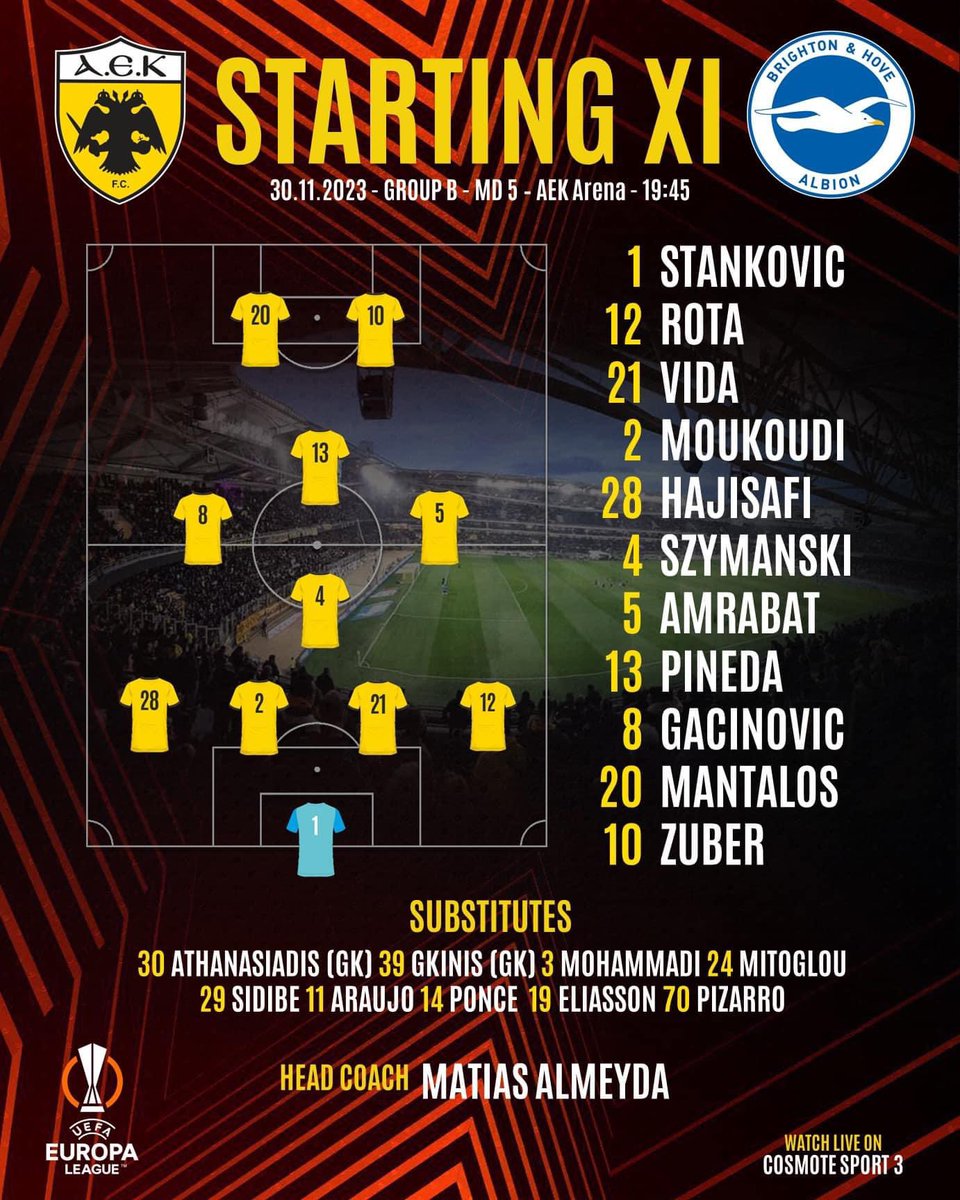 Starting 11! For the match ⚽️ #aekfc #aekbha #forzaaekara  #uel