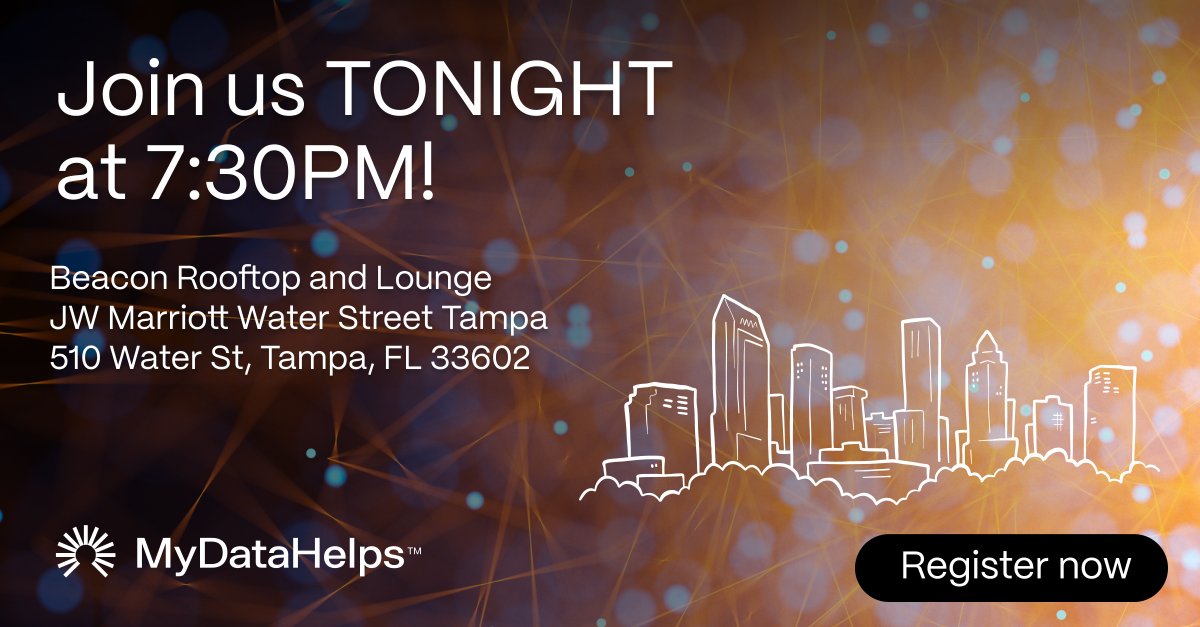 TONIGHT! Join MyDataHelps for drinks, snacks, and great conversation to kick off #TIP2023.

Meet with MyDataHelps experts and current customers to learn more about integrating a digital strategy into your health research. All are welcome!

REGISTER HERE:  hubs.la/Q02bwLgg0