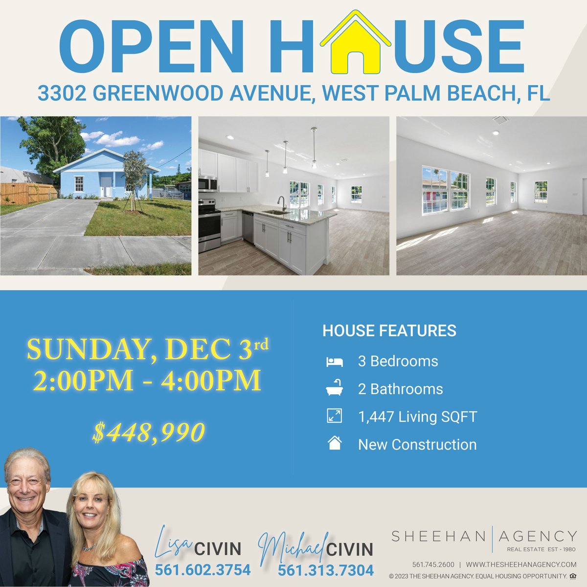 OPEN HOUSE! 🏡
SUNDAY, DECEMBER 3RD
2:00pm – 4:00pm
NEW CONSTRUCTION🏡
📍3302 Greenwood Avenue, West Palm Beach, FL
🌐 bit.ly/423NHal
$448,990

#nohoa #newconstruction
#thesheehanagency #openhouse
#westpalmbeach #WPB #WPBhomes
#westpalmbeachrealestate #palmbeachcounty