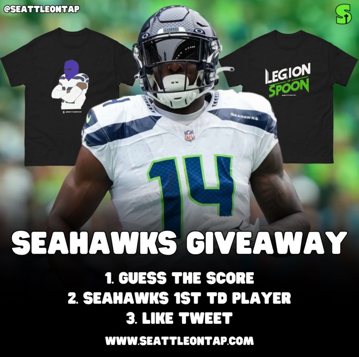 SeattleONTap's tweet photo. Alright let’s do a Seahawks giveaway today 🚨 

1. Guess the final score 
2. 1st Seahawks TD (non-QB)
3. Like &amp; RT the post. 

4. Bonus / Tiebreaker: Geno Smith passing yards today. 

winner gets any thing for our Seattle sports shop 👀 https://t.co/BFS3lYMh2W https://t.co/nx6IEqdlDK