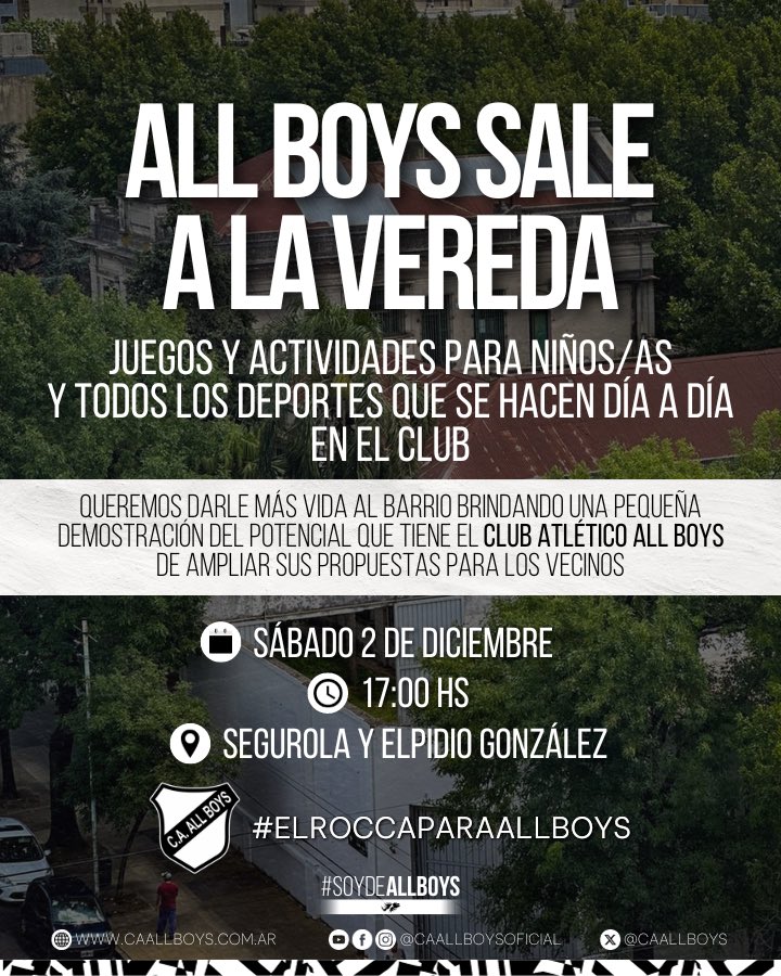 ALL BOYS SALE A LA VEREDA

📆 Sábado 2 de diciembre
🕖 17:00 hs.
📍Segurola y Elpidio González

Este sábado, socios y socias del Club Atlético #AllBoys salimos a la vereda con juegos y actividades para niñas y niños.

Sigue 👇🏼

🤍🖤 #SoyDeAllBoys 🖤🤍