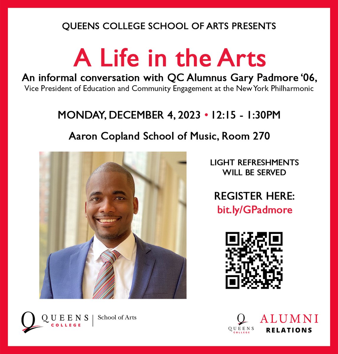 QC_Alumni's tweet photo. The QC School of Arts will be hosting its alumni speaker series #ALifeintheArts: An Informal Conversation with Gary A. Padmore '06 on Monday, Dec 4th at 12:15pm in the Aaron Copland School of Music, Room 270. RSVP: https://t.co/zlQzAL9lGI
.
.
#queenscollege #qcalumni #qcsoa #cuny https://t.co/Fwo6tvN5U1