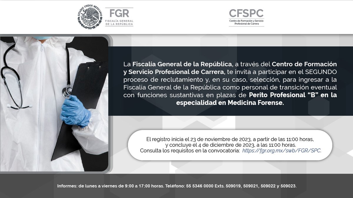 FGRMexico's tweet photo. ¿Eres médico y cuentas con estudios en medicina legal o forense? 

Revisa la Segunda Convocatoria ▶ https://t.co/CCwOGuMBHL https://t.co/evecrxb9UJ