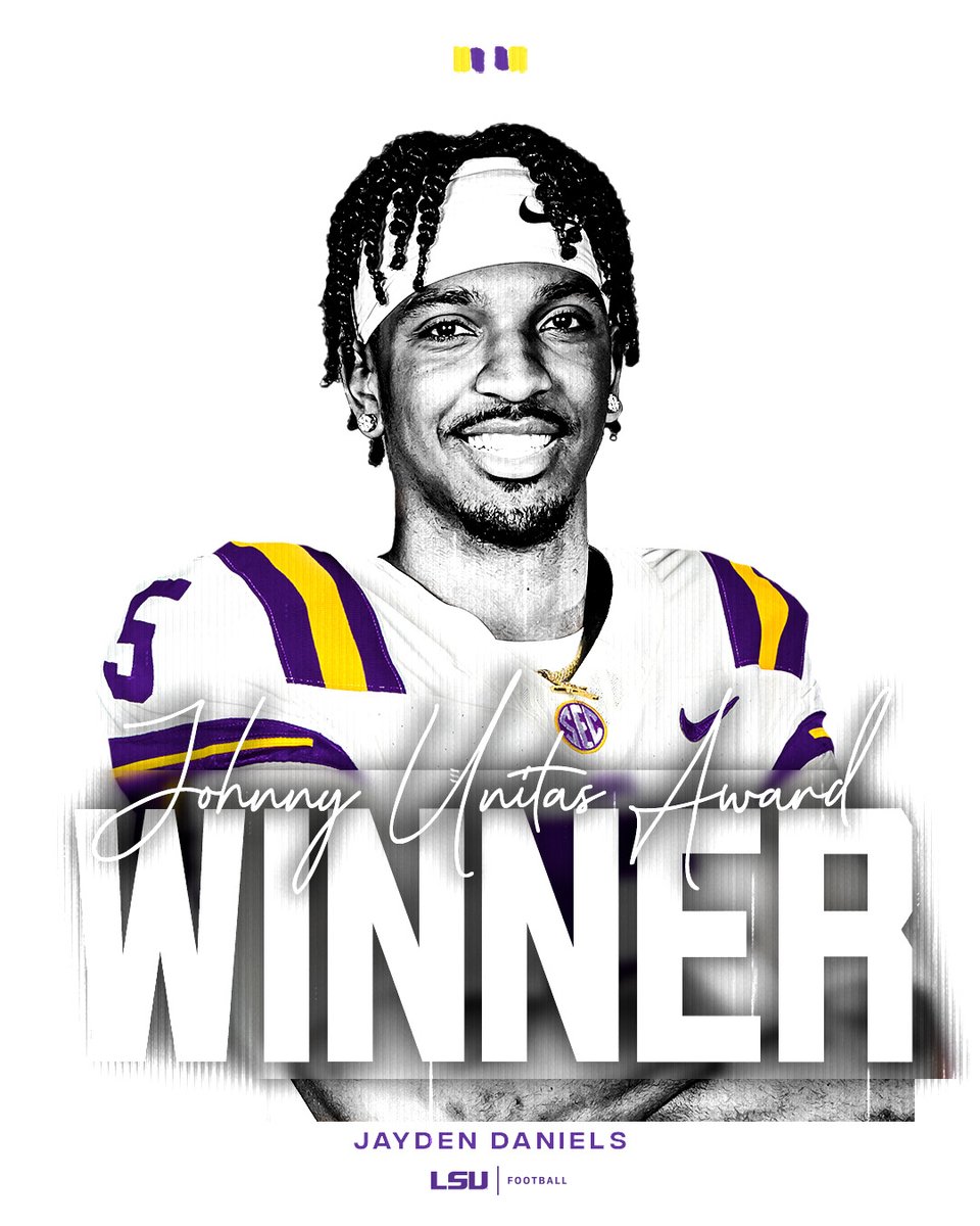 LSUfootball's tweet photo. Jayden Daniels is the winner of the 2023 Johnny Unitas Golden Arm Award. 

He is the best quarterback in the country.
He is the best player in the country. https://t.co/8RGtQqXbOt