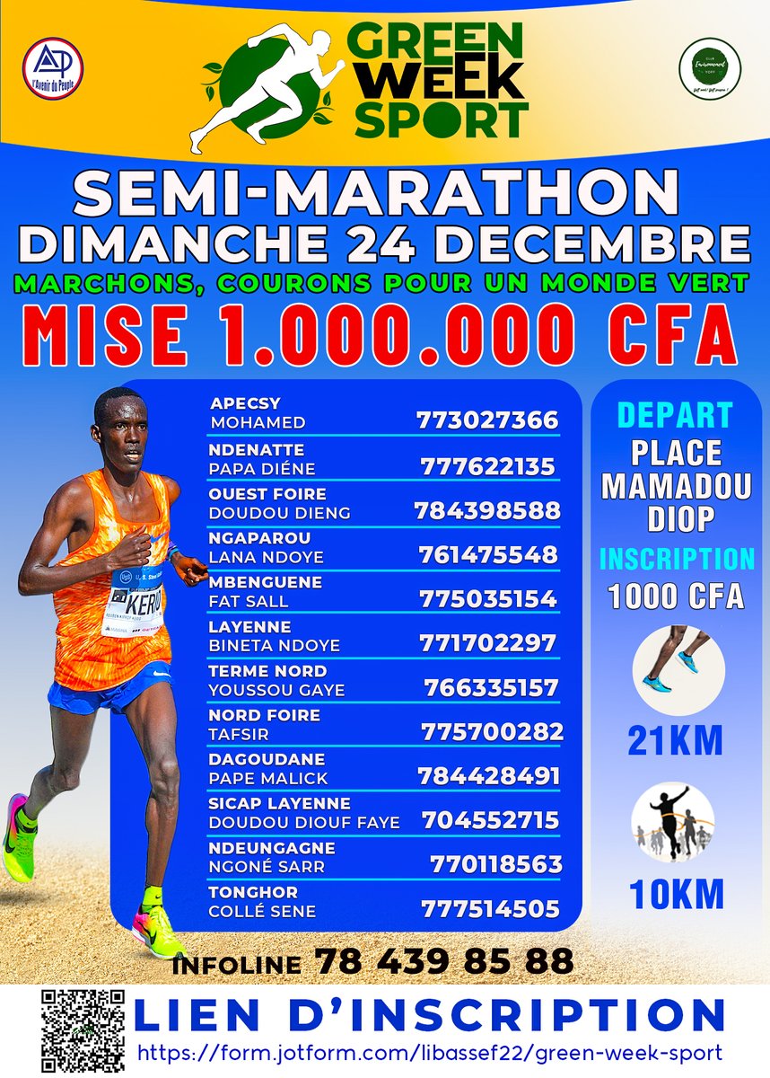 Hello Hello🗣️🔥🎉🎊
Marchons, courons pour un monde vert!
Les 23 et 24 décembre 2023 à Yoff , la seconde édition du Marathon de Yoff et de la Green Randonnée Dakar 
N’hésiter pas à vous inscrire via le lien ou le QR Code
form.jotform.com/libassef22/gre…