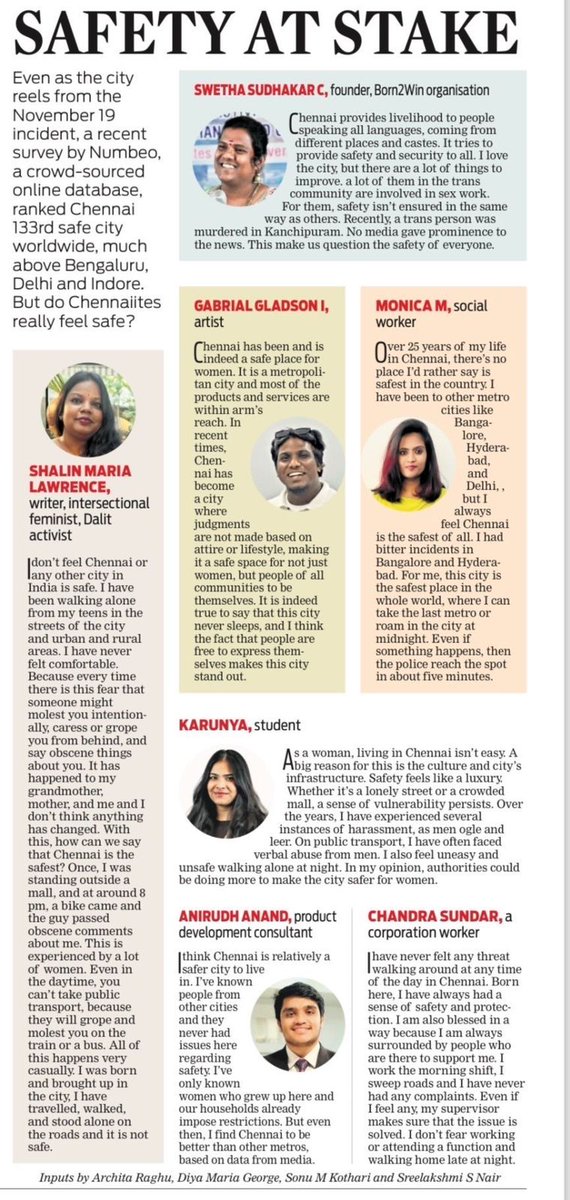 TheBluePen25's tweet photo. Today's The New Indian express on Chennai being a safe City for women .
I shared my opinion. "Not just Chennai but the country itself is not safe for women " was the message conveyed.

"I don’t feel Chennai or any other city in India is safe. I have been walking alone from my teens in the streets of the city and urban and rural areas. I have never felt comfortable. Because every time there is this fear that someone might molest you intentionally, caress or grope you from behind, and say obscene things about you. It has happened to my grandmother, mother, and me and I don’t think anything has changed. With this, how can we say that Chennai is the safest? Once, I was standing outside a mall, and at around 8 pm, a bike came and the guy passed obscene comments about me. This is experienced by a lot of women. Even in the daytime, you can’t take public transport, because they will grope and molest you on the train or a bus. All of this happens very casually. I was born and brought up in the city, I have travelled, walked, and stood alone on the roads and it is not safe"