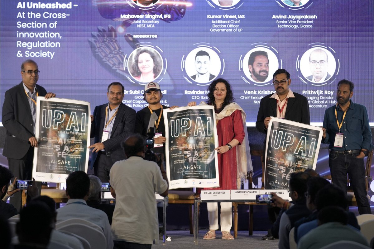 subichaturvedi's tweet photo. We launched the UPAI AI-SAFE Framework, under FIST - at the Bengaluru Tech Summit 2023 on its inaugural day.
I was joined on stage by Joint Secretary (New Emerging and Strategic Technologies Ministry of External Affairs, @MahavirSinghvii Arvind Jayaprakash, Senior Vice President Technology @glancescreen ; Prithvijit Roy, Managing Director & Lead-Global Al Hub, @Accenture
Ravinder Mahori, CTO @1Bridge_one; and Venk Krishnan, Chief Executive Officer @NuWareCo on this momentous occasion.
#AI has been the most transformative technology of the 21st century with AI and mobile data and it's no surprise to see it do exceedingly well in creating more jobs and creating more wealth by increasing efficiencies and opening new avenues. However, as is the case with any popular technology, it has been used in harmful ways as well - ai-written content, misinformation and #deepfake videos. It is the last one that has especially caused a stir in the wake of the @iamRashmika  's manipulated video causing her deep distress and impacting digital trust which is at the core of Internet and Digital Economy.
Our #AISAFE framework provides the comprehensive guidance as to how this complex problem can be solved by governments, citizens, private sector, media, academia, civil society, intergovernmental organisations coming together as one.
What does AI-Safe stand for:
A: Advanced Detection Systems
I: International Collaboration
S: Strong User Authentication
A: Awareness and Education
F: Responsible AI Development
E: Ethical Guidelines and Training

It was a pleasure speaking at #BTS2023 and launching such an important framework and breaking boundaries! Together we can and we will use #Tech4Good @InMobi @blrtechsummit #UPAI is #AISAFE