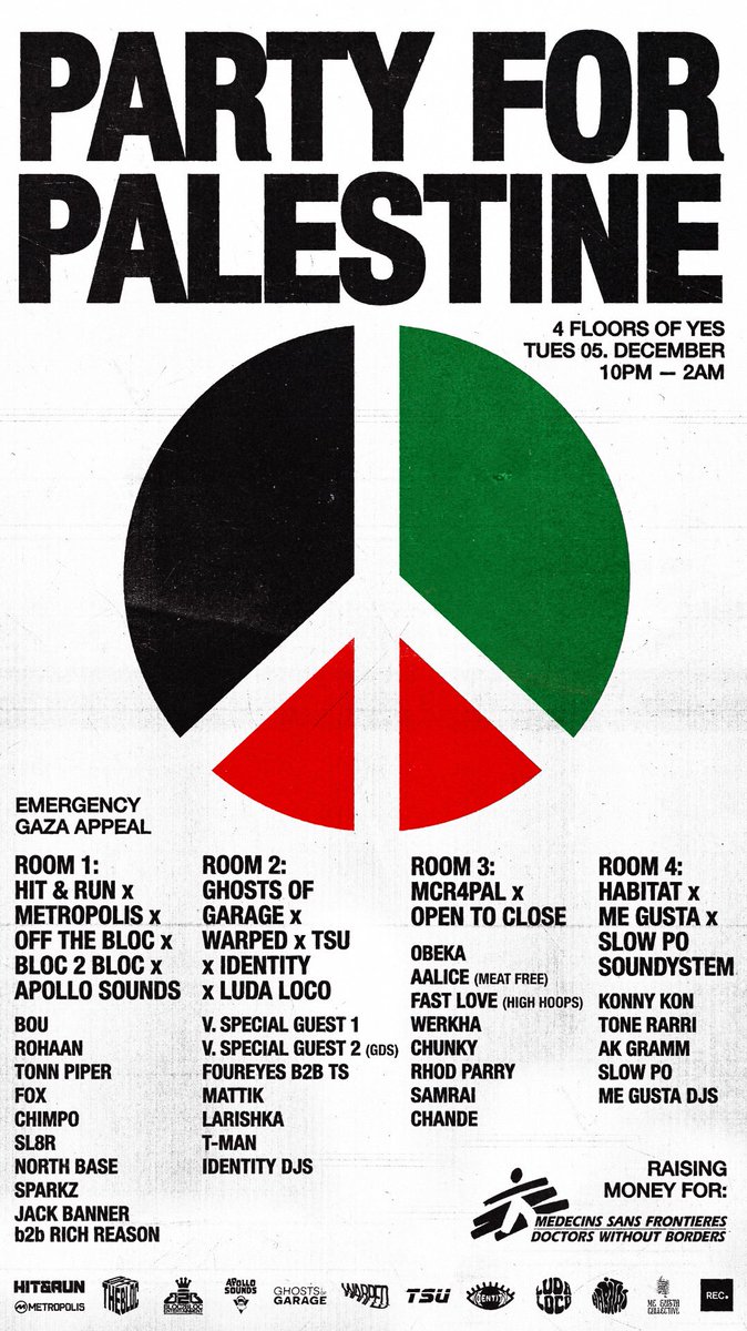 This coming Tuesday Manchester clubland unites to raise money for one of the charities on the ground in Gaza @MSF_uk Tickets absolutely flying here: skiddle.com/e/37137499 Once again, extremely proud to call this city & its scene home 🏠🐝 See you at @yes_mcr next Tues 🔊