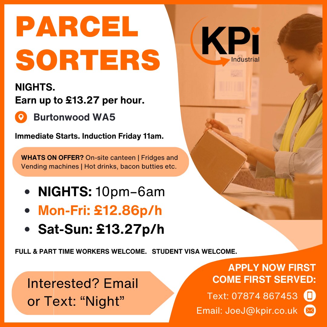 📦📦PARCEL SORTERS 📦📦Burtonwood WA5. Earn up to £13.27p/h. Nights. Full/Part Time. Students Welcome. Induction Friday 11am: Text 'Night' to 07874 867453, email JoeJ@kpir.co.uk or find out more here: bit.ly/NGHPSWar #WarringtonJobs #ParcelSorter #WarehouseJobs