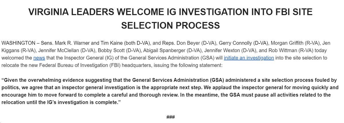 Virginia Leaders Welcome IG Investigation Into FBI Site Selection Process bluevirginia.us/2023/11/thursd…