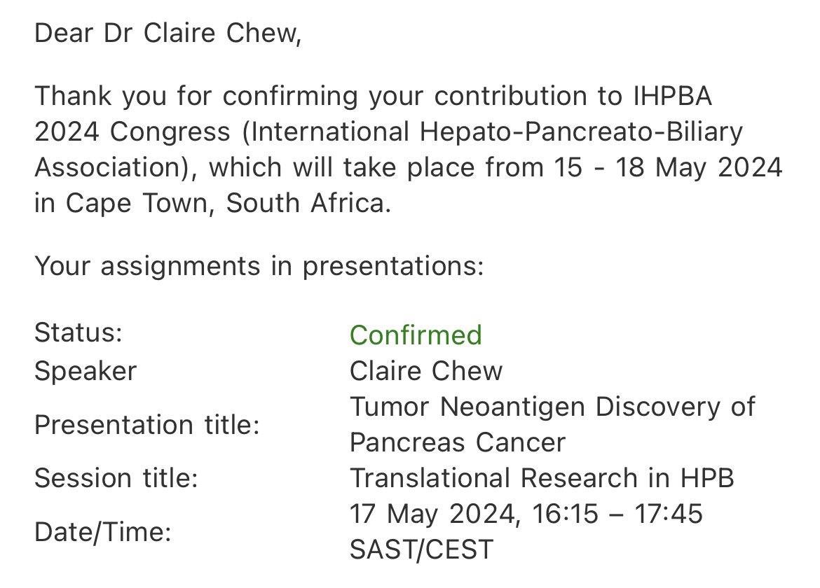 Am incredibly honoured to speak on neoantigen discovery in #PDAC at the #IHPBA2024 ! So grateful to @gbonneysurg @NUSMedicine for the support. 

Thank you #IHPBA and the scientific committee for the opportunity and am so excited to meet everyone in Cape Town!