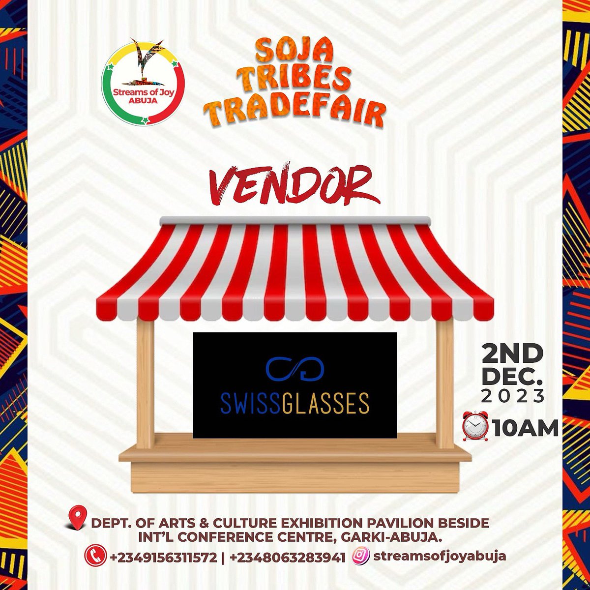 Swissglasses_ng's tweet image. Catch us LIVE on Saturday.

Juicy offers just for you.

Free Comprehensive Eye Check!

Venue: Dept. of Arts and Culture exhibition pavilion besides International Conference Centre, Garki Abuja.

Time: 10am

See you on Saturday 🔥

#SojaTribesFair
#SojaTribes
#streamsofjoyabuja