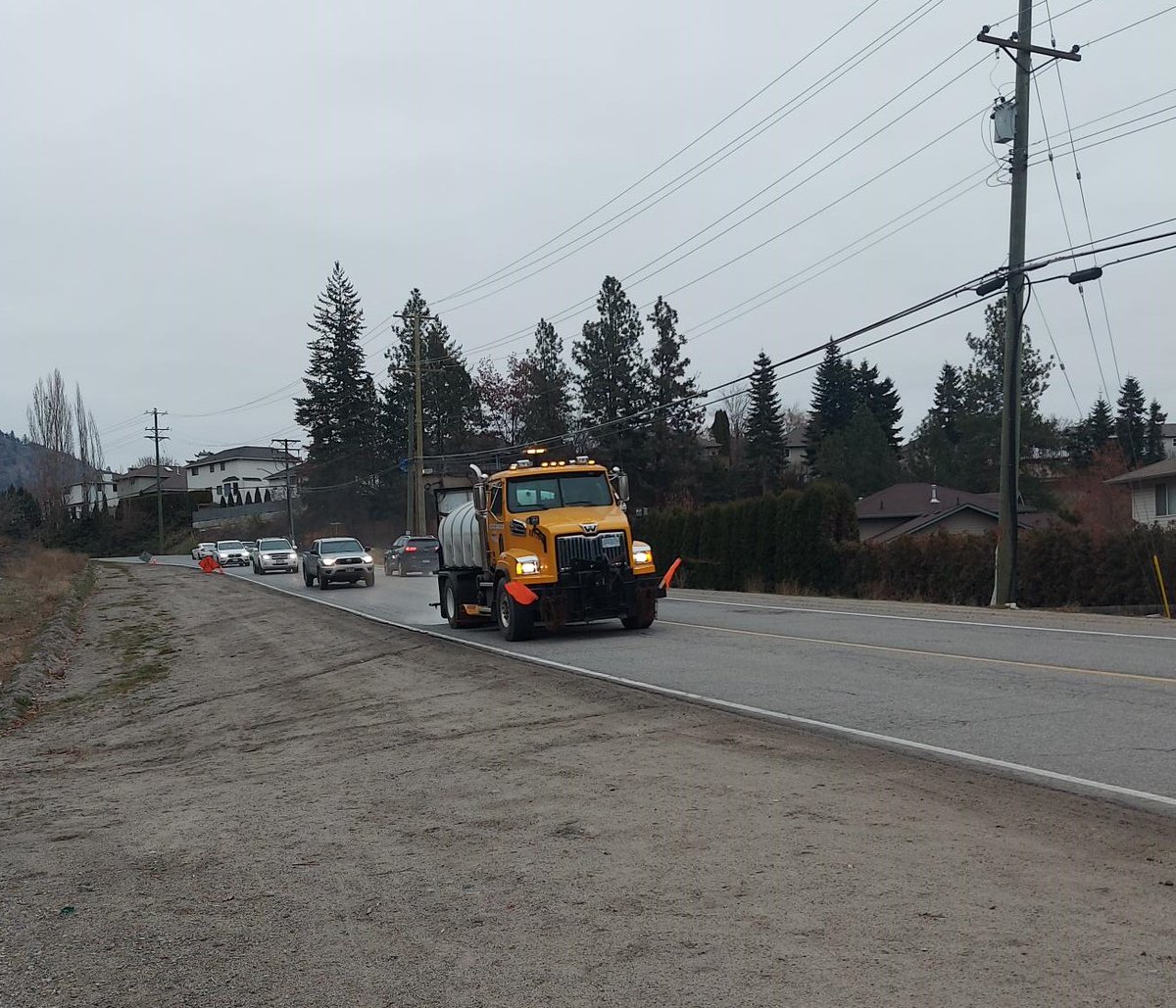 Our crews in West Kelowna are applying brine to routes today in anticipation of some light snowfall tonight thru tomorrow. Please give space and prepare yourself by making sure your vehicle is equipped with a proper winter tire. <a href="/WestKelownaCity/">City of West Kelowna</a>