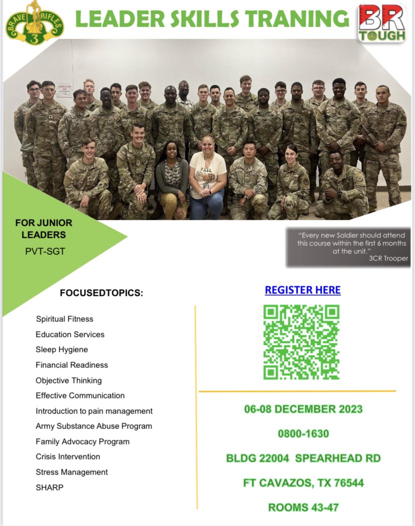 🗣️ Attention all Pvt - Sgt!  Don't miss the opportunity to sign up for our next iteration of #BraveRifles Leader Skills Training – Troopers have found it incredibly beneficial. See details below ⬇️