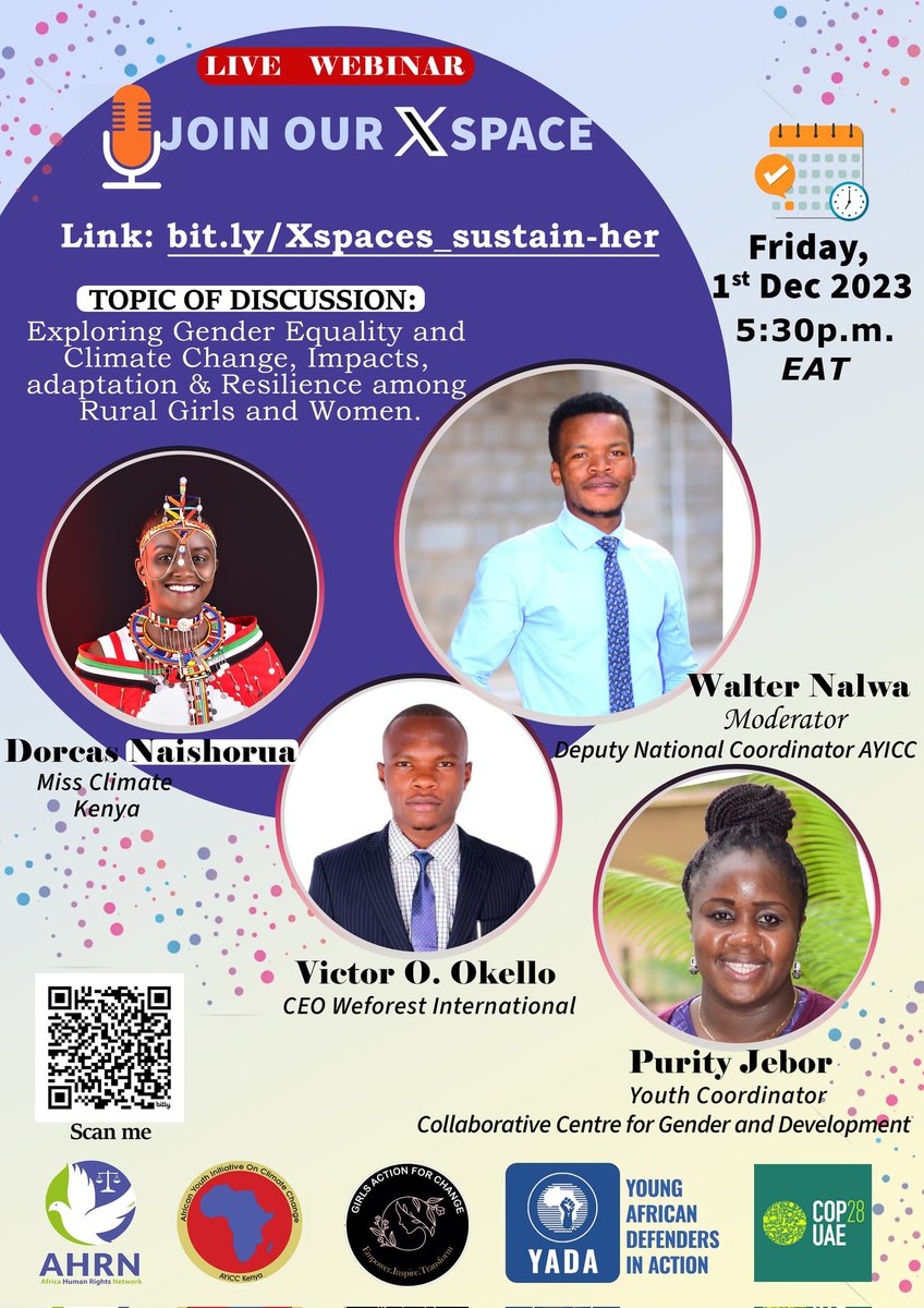 Join us on X space and as we dive into the crucial discussion on Gender Equality and Climate Change, focusing on impacts, adaptation, and resilience among rural girls and women. Don't miss out

Use the link below to join: x.com/i/spaces/1rmGP…
#genderinclusion