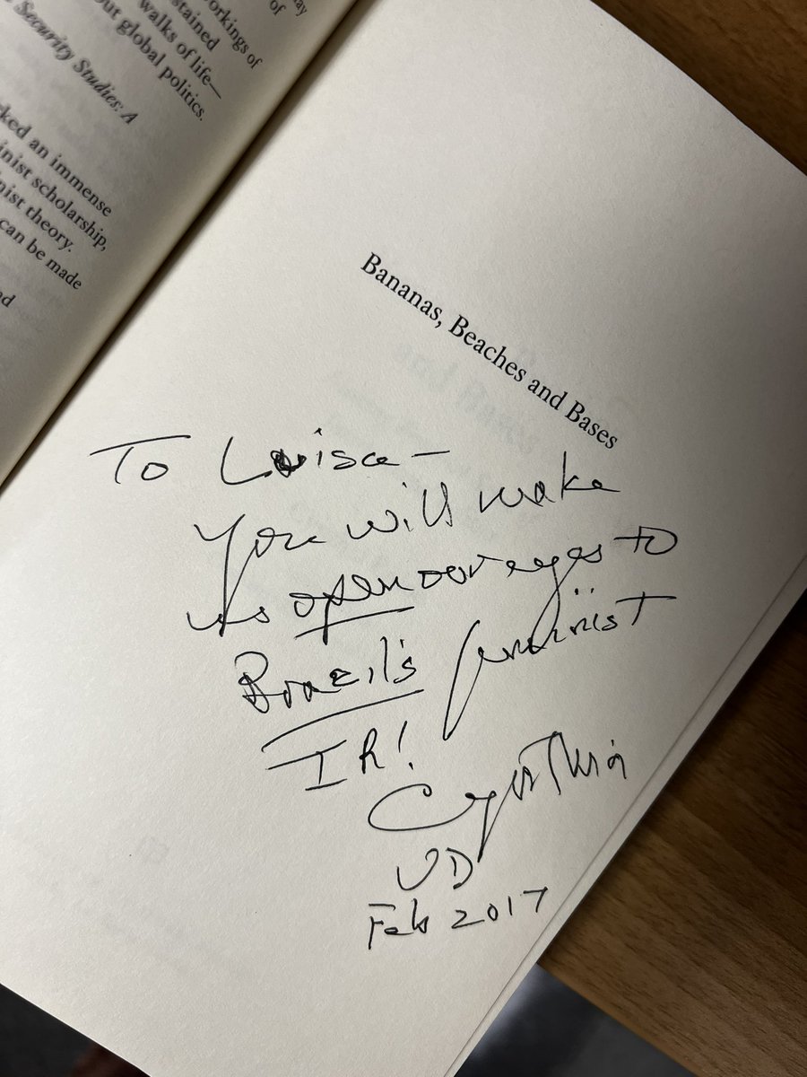 Enloe was the first feminist IR I’ve ever read. She went to Delaware in 2017 and signed my copy of “Bananas, Beaches, and Bases” with the sweetest note. She inspired me to constantly ask “where are the women?” as an analytical starting point.