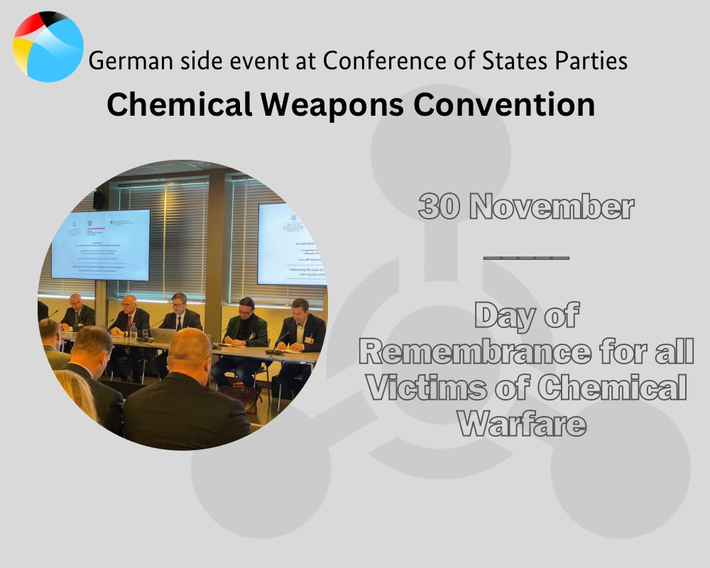 GermanyUN's tweet photo. Today, we commemorate the victims of #ChemicalWeapons. Although all declared chemical weapons have been destroyed, there are still many old weapons dumped at sea - a potential risk for humans and the environment addressed at today's side event at #CSP28. https://t.co/Q0oNqW1LsU