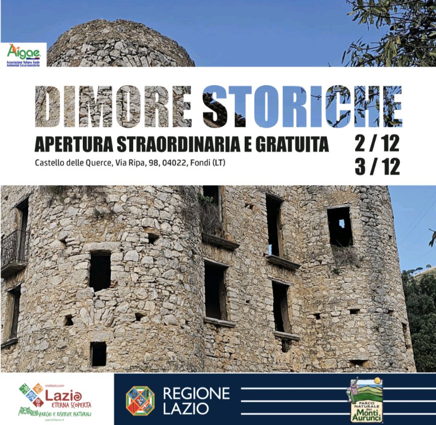 🏰🌳 Sab e dom prossimi, vivi la storia nelle #DimoreStoriche della <a href="/RegioneLazio/">Regione Lazio</a>! Escursioni gratuite con Giancarlo Pagliaroli nel #ParcoAurunci. Visita la Dimora #CastellodelleQuerce a Fondi,  9:45-11:30. Prenota al 3293652954. #Storia #Escursioni <a href="/ParchiLazio/">ParchiLazio</a>