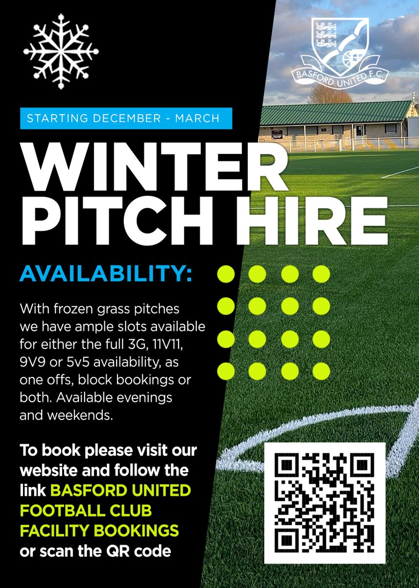 Basfordutdfc's tweet photo. ❄️ Need a regular training slot or an alternative venue to play your games throughout the winter months? 

We have ample 3G pitch space for hire from December to March, available through single or blocked bookings - including THIS FRIDAY! 👇

🔗 https://t.co/KT3M1LkfUr || @utdcos https://t.co/kg043YyYik