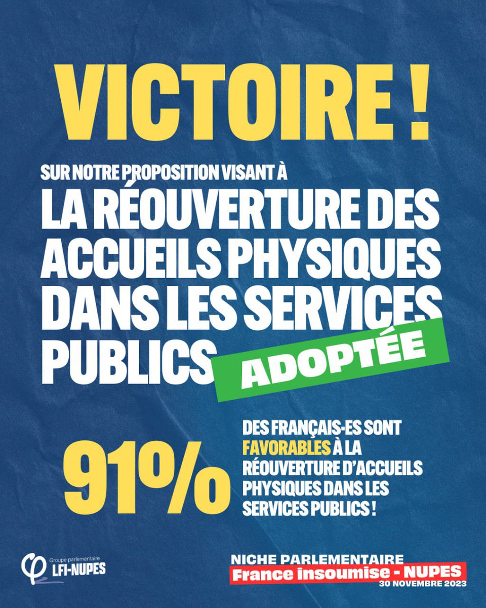 VICTOIRE ! Grâce au combat de @Deputee_Obono, le groupe parlementaire @FiAssemblee gagne la réouverture des accueils physiques des services publics. Une victoire qui fait avancer les droits de toutes et tous et rétablit l’égalité des citoyens devant la République ! #LoisFI2023