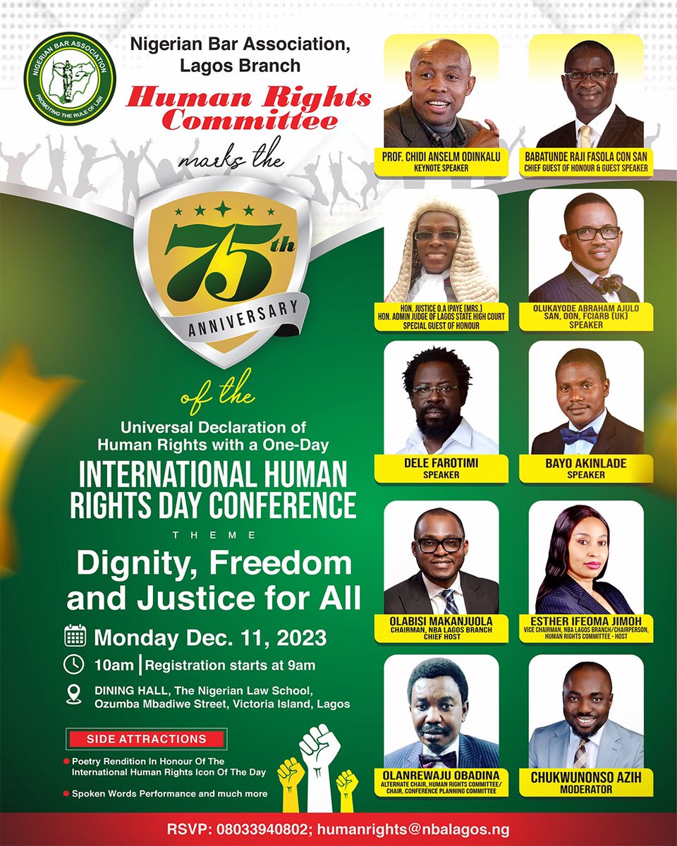 Join @DeleFarotimi, @BayoAkinlade, @tundefashola & us on 11 Dec. at the @NbaLagos as we mark 75 yrs of the #UDHR.