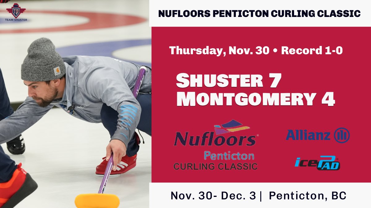 Nice start for us in Penticton, winning the first game with Shoostie away this weekend curling mixed doubles. Next game: Yanagisawa (Friday, 10:30 am CT) #curling | #TeamShuster | #AllianzLife