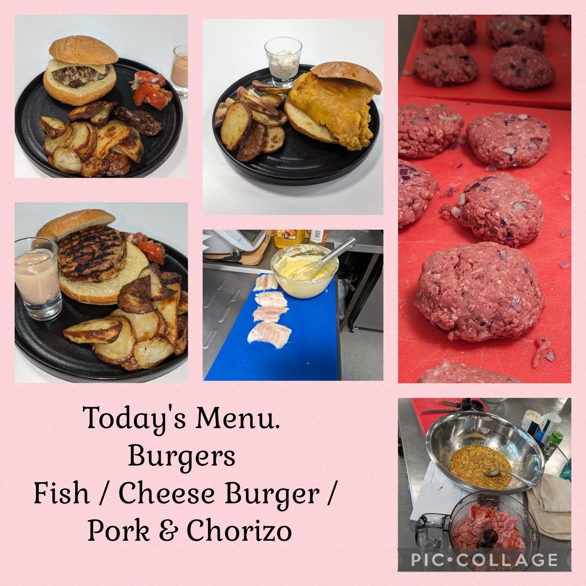 Over the past few weeks, students have been creating menus based on a range of themes. Today's theme is burgers. 
Cheese Burger / Filet of Fish / Pork &amp; Chorizo and Falafel. Served with homemade sauces and chips.