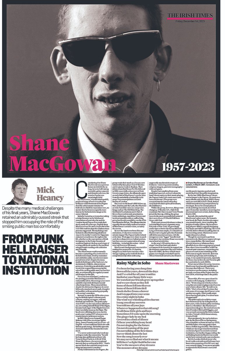 A labour of love and no little sorrow. A farewell to #ShaneMacGowan in Friday's @IrishTimes with special tribute pullout. Contributions from Mick Heaney, Richard Balls and Ann Scanlan among others.