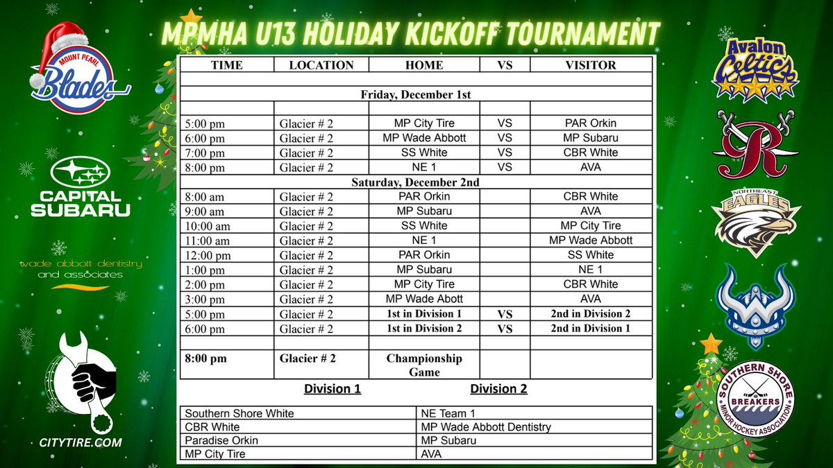 Welcome teams participating in our U13 Club Holiday Kickoff Tournament taking place at Glacier 2 today and tomorrow. We hope all the players have a fun and exciting weekend! #U13HolidayKickoff