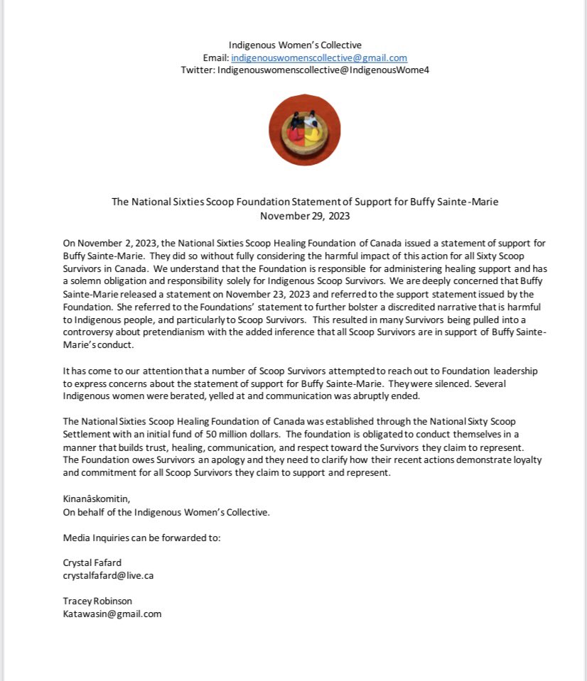 We would like the National Sixties Scoop Foundation to offer an apology to the survivors impacted by their statement of support for Buffy Sainte-Marie.