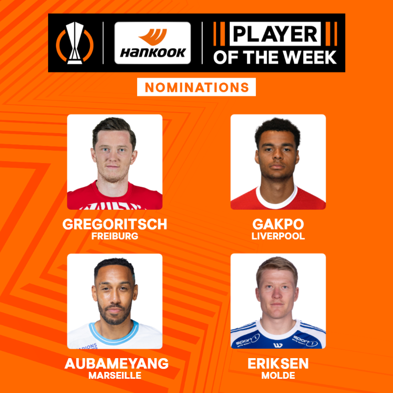 EuropaLeague's tweet photo. Gregoritsch, Gakpo, Aubameyang and Eriksen...
4 dominant attacking displays but who gets your #UEL Player of the Week vote? 🗳️👇
@hankookreifen || #UELPOTW