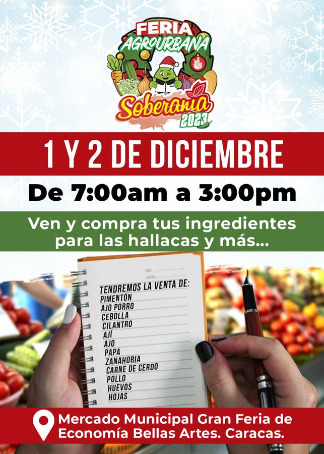 mippci_ven's tweet photo. 🌽¡𝗙𝗲𝗿𝗶𝗮 𝗔𝗴𝗿𝗼𝘂𝗿𝗯𝗮𝗻𝗮 𝗦𝗼𝗯𝗲𝗿𝗮𝗻𝗶́𝗮 𝟮𝟬𝟮𝟯!🥕

¡Te esperamos con una amplia gama de productos!

Pimentón, Ajo Porro, Cebolla, Cilantro, Ají, Ajo, Papa, Zanahoria, Carne de Cerdo, Pollo, Huevos, Hojas para Hallacas. 🧅🧄🫒🫑✨

#MisHijosEstánConElEsequibo https://t.co/MM28Li9l0B