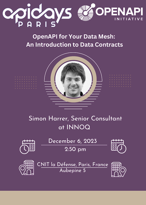 🚀#APIDaysParis on Dec 6 & 8 has a dedicated OAI Track! 🔍 Dive into the world of data contracts and the Data Contract Specification in @simonharrer's session: 'OpenAPI for Your Data Mesh: An Introduction to Data Contracts.' openapis.org/events/apidays… #APIs #opensource @INNOQ