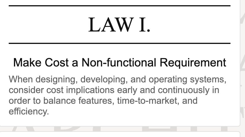 dryerson's tweet photo. Trying to decide my favorite   https://t.co/x0Zfl79wy6 law. Going with Law I, as it's important to establish architectural discipline around cost early to ensure the other Laws are followed later. Architects can and should want to learn to be cost experts! #reinvent2023 https://t.co/oGJs1GqIqT