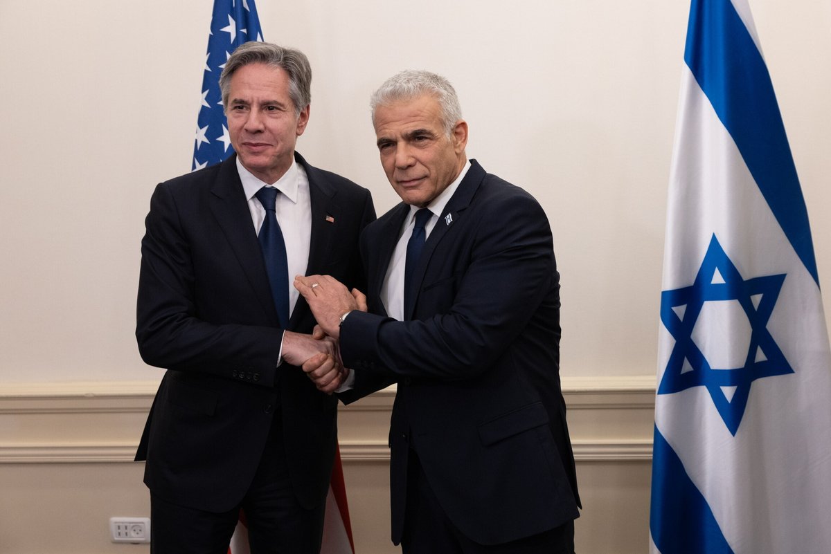 SecBlinken's tweet image. Israeli Minister @yairlapid and I discussed continuing efforts to protect civilians during Israel’s operations and the need to address rising levels of extremist settler violence in the West Bank against Palestinian civilians – to include holding perpetrators accountable.