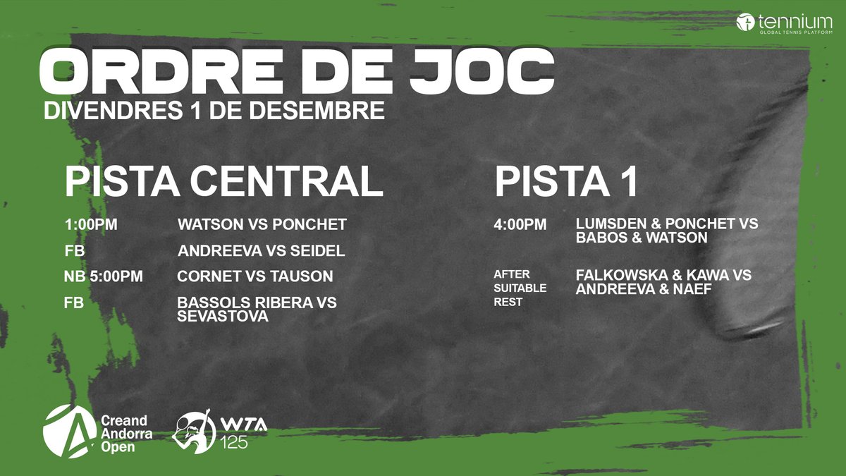 AndorraOpenWTA's tweet photo. 🚨ORDRE DE JOC | DIVENDRES 1 DESEMBRE

 #andorra #andorraopen #wta #tennis |
@WTA @tennium @CreandSupport https://t.co/oRg49jcyIx