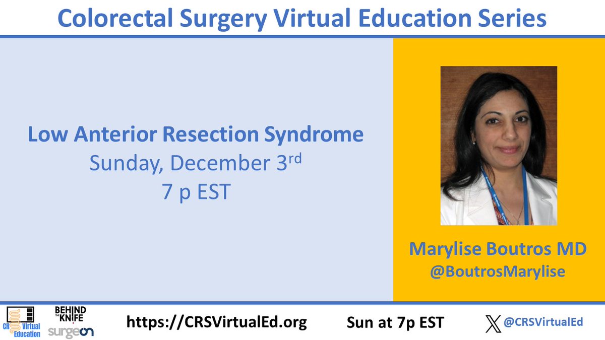 CRSVirtualEd (@crsvirtualed) on Twitter photo We are very excited to have Dr. Marylise Boutros join us this Sunday, December 3rd to talk about ”Low Anterior Resection Syndrome".
Don't forget to subscribe for our mailing list! crsvirtualed.org
<a href="/surgeonapp1/">SurgeOn</a>
<a href="/BehindTheKnife/">BehindTheKnife</a>
<a href="/BoutrosMarylise/">Marylise Boutros</a> We are very excited to have Dr. Marylise Boutros join us this Sunday, December 3rd to talk about ”Low Anterior Resection Syndrome".
Don't forget to subscribe for our mailing list! crsvirtualed.org
<a href="/surgeonapp1/">SurgeOn</a>
<a href="/BehindTheKnife/">BehindTheKnife</a>
<a href="/BoutrosMarylise/">Marylise Boutros</a>