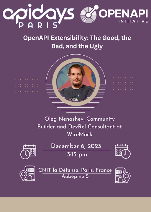 🌟Join us at #APIDaysParis on December 6 & 8 with a dedicated OpenAPI Track! 🤖Dive deep into OpenAPI extensibility with @oleg_nenashev 's session: 'OpenAPI Extensibility: The Good, the Bad, and the Ugly.' 🤯openapis.org/events/apidays… #OpenAPI @wiremockorg